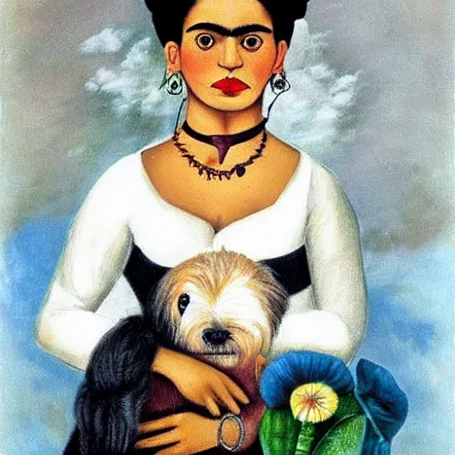 Image similar to a cream colored havanese dog as frida kahlo, portrait by frida kahlo