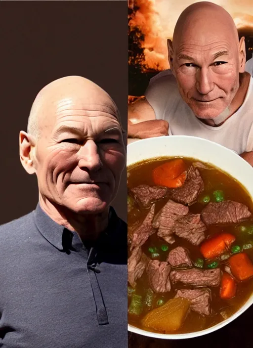 Image similar to patrick stewart covered in beef stew