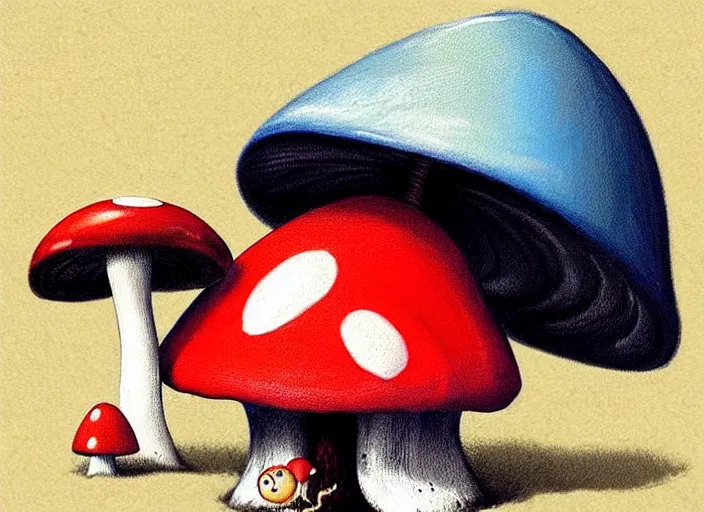 Prompt: a cute creature sitting next to a mushroom, digital art, fantasy, magic, chalk, trending on artstation, ultra detailed, professional illustration by basil gogos