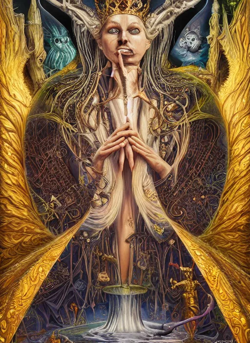 Prompt: tarot card of the queen of dreams by carol bak, jacek yerka, Gediminas Pranckevicius, alex gray, dan mumford and h.r. giger, oil on canvas, 8k highly professionally detailed, HDR, trending on artstation