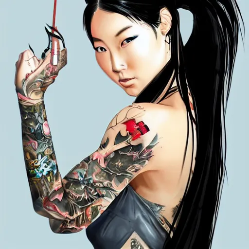Prompt: pretty asian woman with a black ponytail, tattoos on arms, cybernetic spinal implant, concept art,