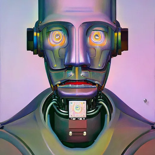 Prompt: Fractal portrait of an artificial intelligence robot, very coherent, painted by Edward Hopper, Wayne Barlowe, painted by James Gilleard, airbrush, art by JamesJean