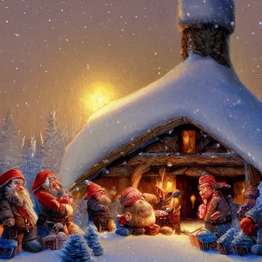 Image similar to many dwarves in front of a warm cabin in the snow, winter wonderland, cozy, nostalgia, Christmas, warmness, artwork in the style of Alan Lee