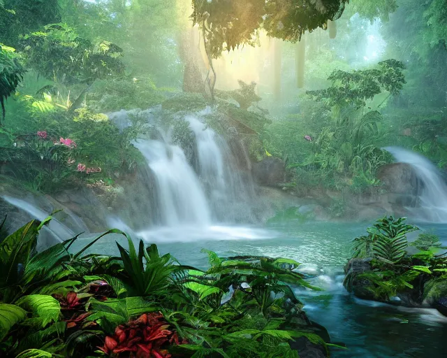 Prompt: beautiful jungle environment, waterfall, high trees, flowers, sunset, mystic, unreal engine 5, global illumination, raytracing, 8 k, hyper realistic, trending on artstation