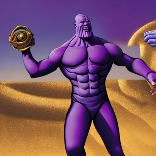 Image similar to thanos with a swimsuit, hyperrealistic, photography, award winning