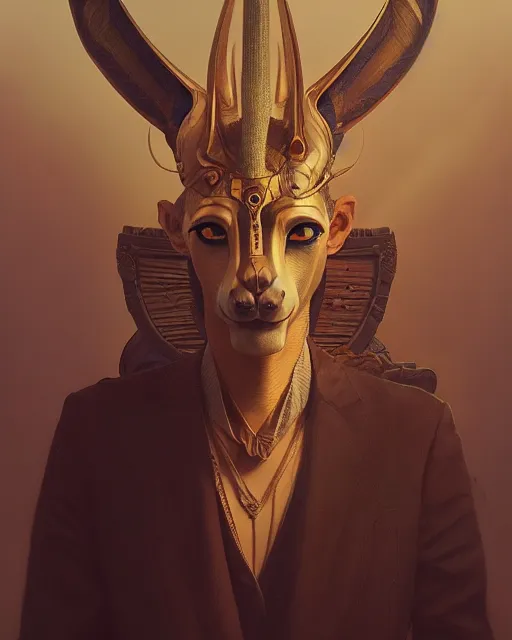 Image similar to highly detailed surreal vfx portrait of a anubis, stephen bliss, unreal engine, greg rutkowski, loish, rhads, beeple, makoto shinkai and lois van baarle, ilya kuvshinov, rossdraws, tom bagshaw, alphonse mucha, global illumination, detailed and intricate environment