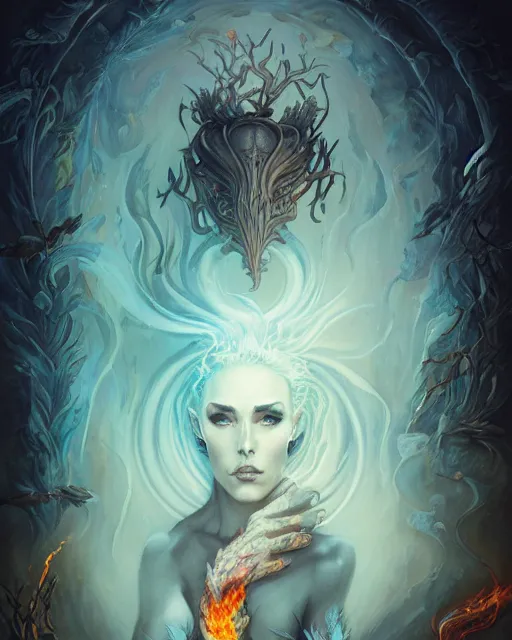 Prompt: liquid smoke and fire nicole aniston, autumn overgrowth, ancient relic archaic burning inscriptions, peter mohrbacher, artgerm, ross tran