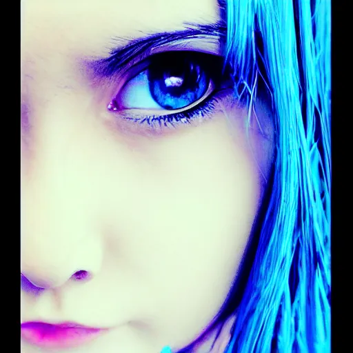 Image similar to (anime girl), blue ((symmetric)) eyes 24yo, studio, 35mm, soft artistic filter, annie leibowit