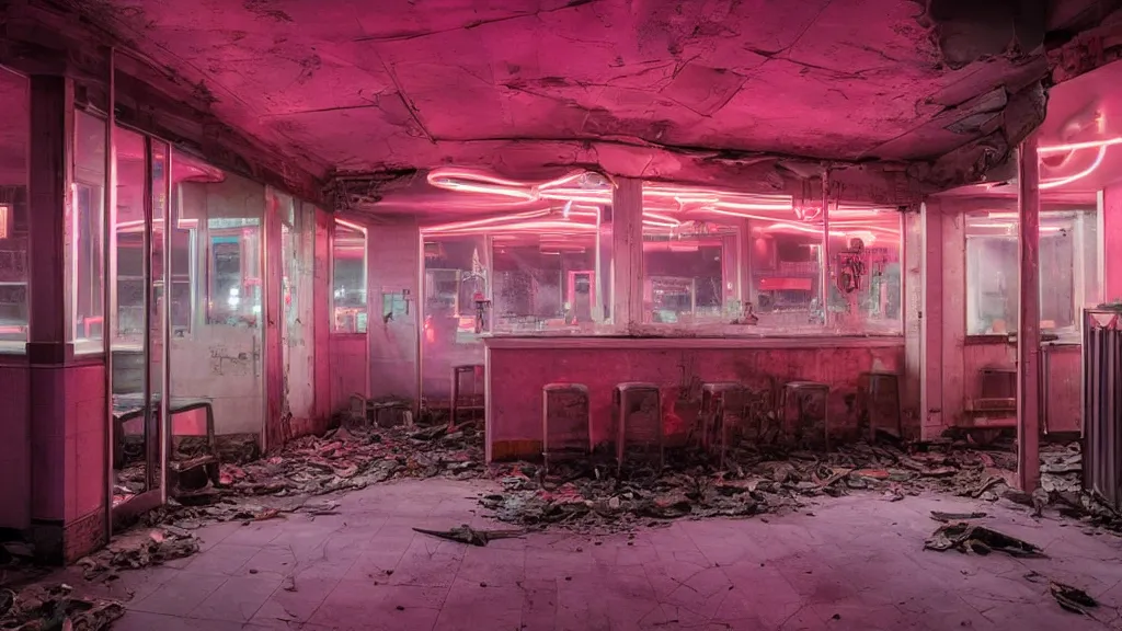 Image similar to the inside of an abandoned retro diner at night, by lee madgwick and bastien lecouffe - deharme, pink and orange neon lights, highly detailed interior, artstation trending, cryenging 8 k uhd