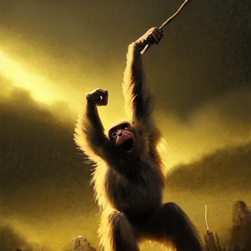 Image similar to a monkey throwing a bone to the air , dramatic lighting, cinematic, establishing shot, extremly high detail, photorealistic, cinematic lighting, artstation, style by James Gurney