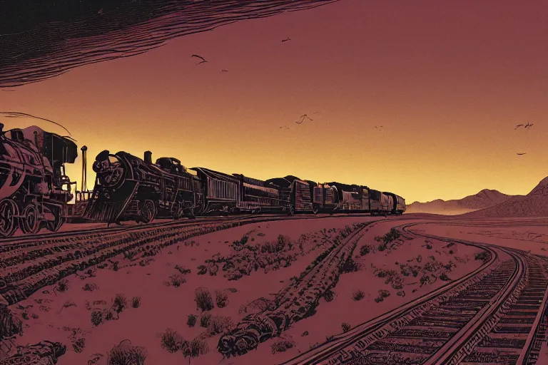 Image similar to old western freight train illustration by joe fenton and syd mead and p. craig russell and barry windsor - smith, artstation, 4 k, graphic novel, concept art, matte painting, steam engine spewing billowy white clouds of steam, beautiful idyllic mountain desert sunset background, golden hour, art nouveau