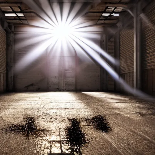 Image similar to Inside of a warehouse with sunrays shining through the windows with bullet shells laying on the floor and a body laying in the background against a wall, tarantino style, photorealistic, 4k,