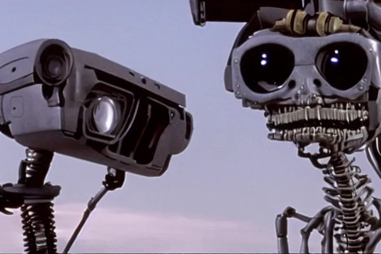 Prompt: VFX movie where Johnny Five from Short Circuit plays the Terminator by James Cameron