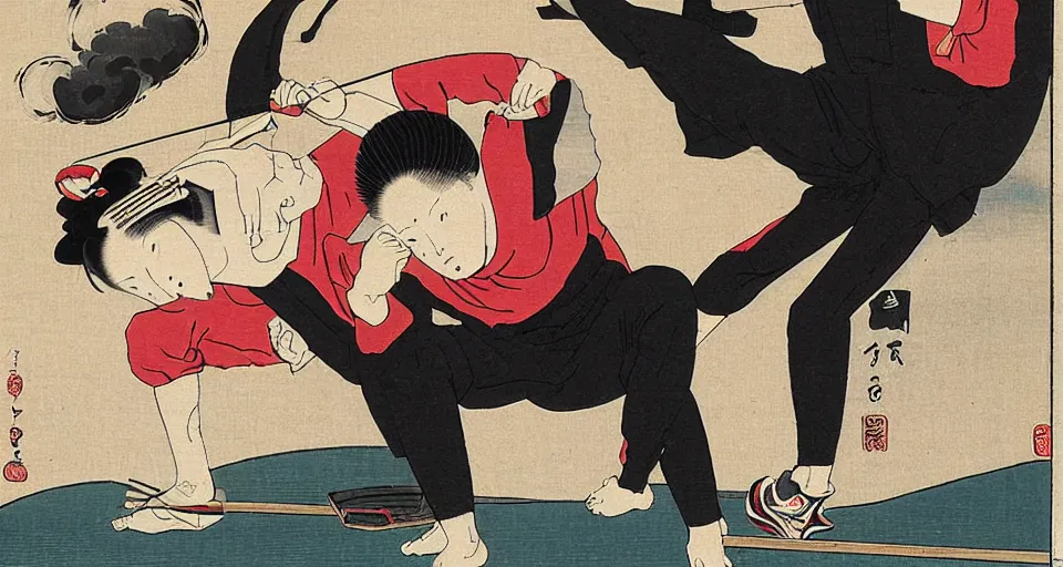 Image similar to Ukiyo-e art of squatting man in black Adidas tracksuit