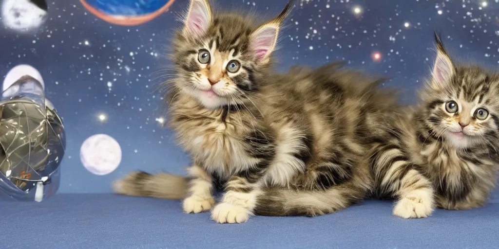 Image similar to maine coon kitten descendant 1 million in the future. the kitten wears a spacesuit, and explores cosmos in a space ship with a cat tree. science fiction blockbuster movie kittens rule the world or my favorite martian is a kitten!, lightyear ( film, 2 0 2 2 ) computer - animated science fiction action - adventure.