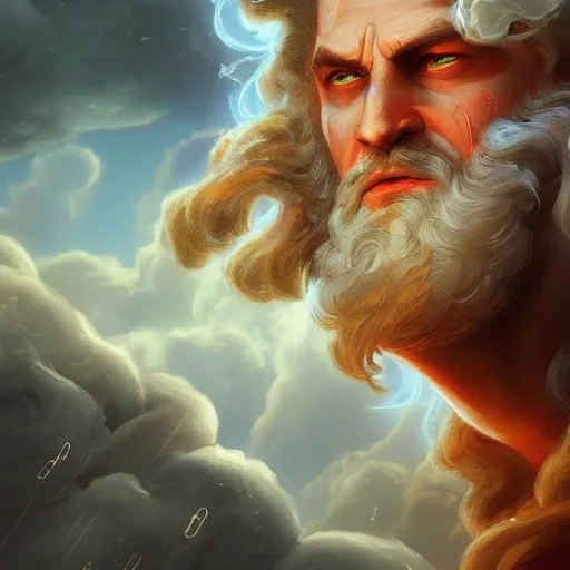 Image similar to an epic digital art of Zeus in thunderclouds by Diego Gisbert Llorens, Zeus, epic painting, masterpiece, hyperdetailed, artstation, cgsociety, 8k