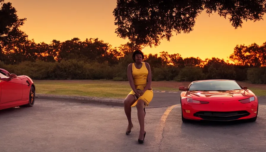 Prompt: a black woman sitting on a red sports car looking at the sunset, golden hour, cinematic, establishing shot