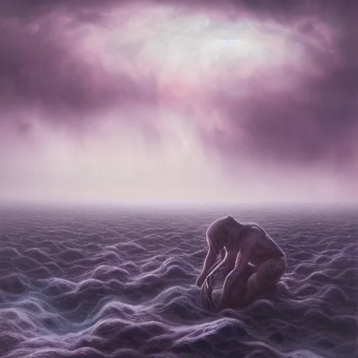 Image similar to a weeping demon crouching in the middle of a shallow sea, purple sky and black clouds, by Dan Seagrave and by Dan Witz, hd, 8k resolution, high detail