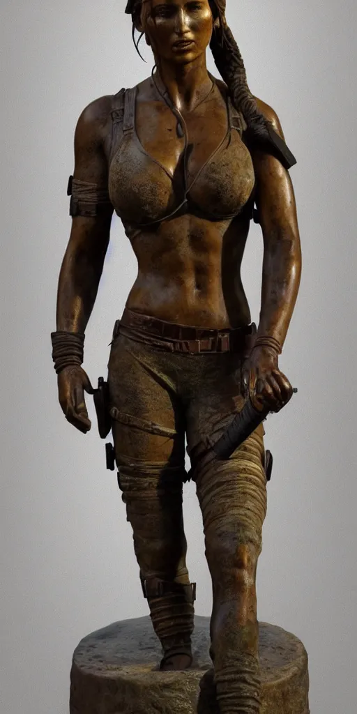 Image similar to detailed photo of an old bronze patina statue of beautiful lara croft, full body portrait, photorealism, intricate detail, museum diffuse lighting