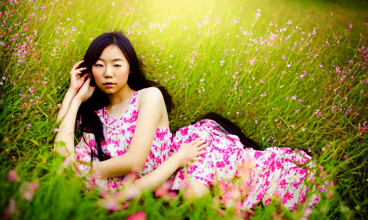 Image similar to a beautiful young Asian woman lying in a field of wildflowers, wearing a sun dress, portrait, dreamy, cinematic, depth of field, glow