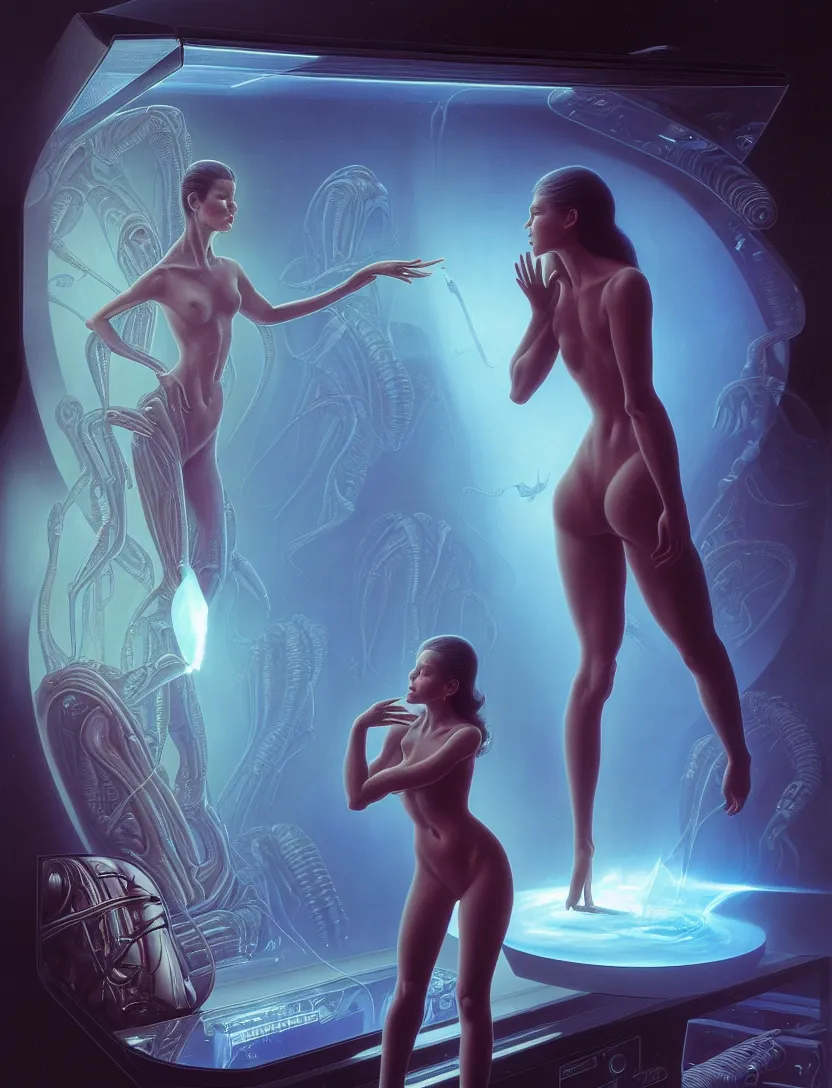 Prompt: beauty young woman admiring a small hologram with alien artifacts, electrical case display, 80s Aliens tech, ultrarealistic, dramatic lighting, electrical details, high details, 4k, 8k, best, accurate, trending on artstation, artstation, photorealism, ultrarealistic, digital painting, style of Wayne barlowe and Boris Vallejo and Peter Mohrbacher