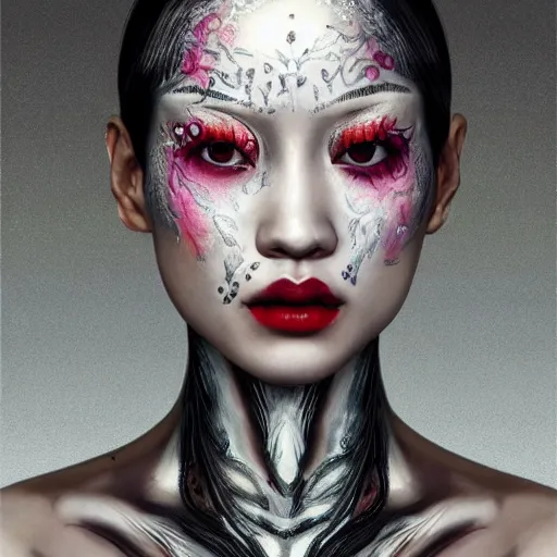 Prompt: Kiko Mizuhara body and face painted 100% silver all over, physically accurate, very very very dramatic dynamic lighting, intricate, elegant, highly detailed, digital painting, artstation, very hyperrealistic, HR GIGER, Hieronymus Bosch, Francis Bacon, concept art, smooth, sharp focus, illustration, very melancholy, very somber, very unnerving, unsettling, art by artgerm and greg rutkowski and alphonse mucha