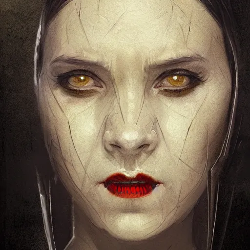 Image similar to portrait of a woman by greg rutkowski, a woman with yellow skin, black lips wearing black robes and a hodd, evil energy, star wars expanded universe, she is about 6 0 years old, highly detailed portrait, digital painting, artstation, concept art, smooth, sharp foccus ilustration, artstation hq