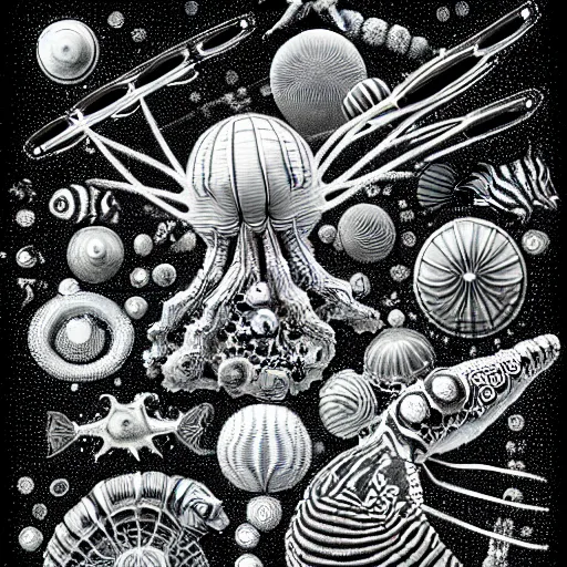 Image similar to a black and white drawing of a variety of sea life and filled with gundam mech equipment space station, a microscopic photo by ernst haeckel, zbrush central, kinetic pointillism, bioluminescence, intricate patterns, photoillustration