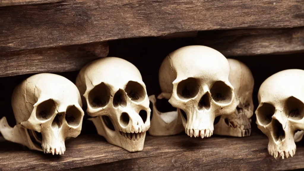Prompt: Three skulls with vampire fangs sitting on a wooden shelf