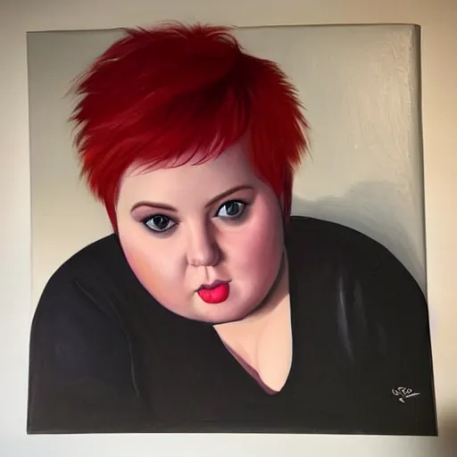 Image similar to beautiful oil painting of a fat woman with a red pixie cut, beautiful eyes, cute fact, volumetric lights, highly detailed, concept art, sharp focus, beautiful face