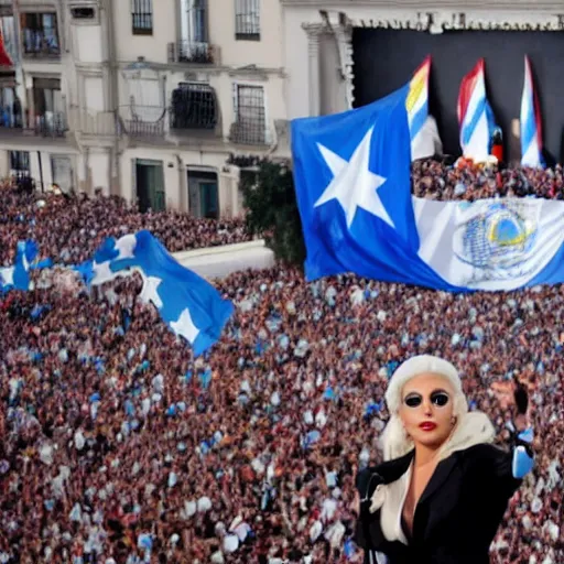 Image similar to Lady Gaga as president, Argentina presidential rally, Argentine flags behind, bokeh, giving a speech, detailed face, Argentina