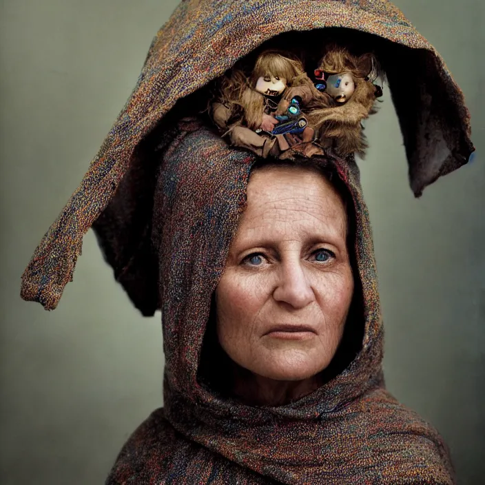 Image similar to closeup portrait of a woman wearing a cloak made of toys, standing in a desolate abandoned house, by Annie Leibovitz and Steve McCurry, natural light, detailed face, CANON Eos C300, ƒ1.8, 35mm, 8K, medium-format print