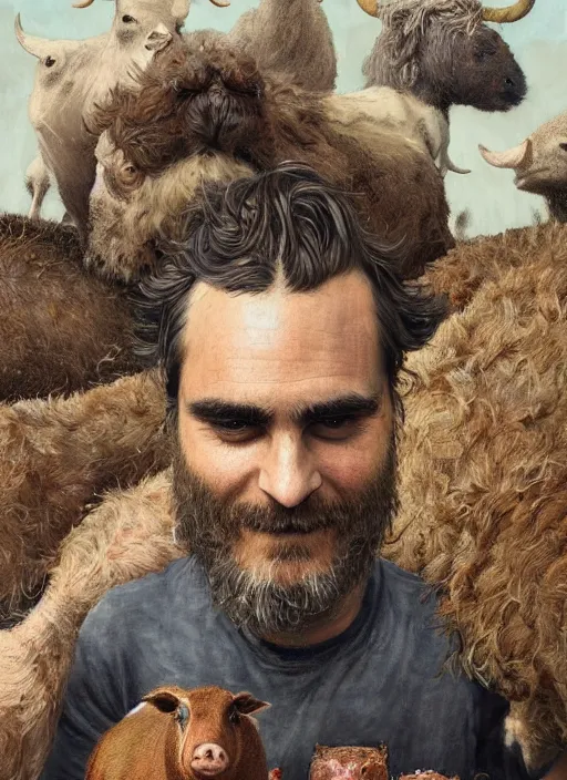 Prompt: a hyper detailed painting of joaquin phoenix surrounded by farm animals, cow, pig, sheep, chicken, horror, by anna podedworna, by miklos ligeti, by diego maricato, by taran fiddler, by antonino truisi, by chris reddie, by jinsung lim, trending on artstation