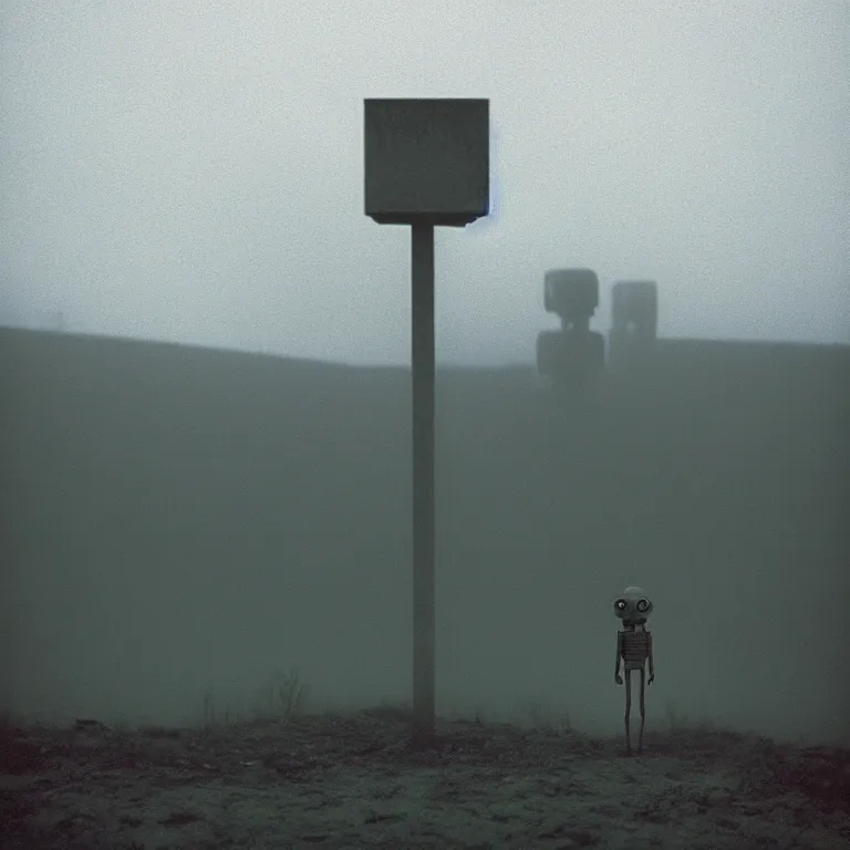 Prompt: the lanky liminal observer droid by dennis mejillones, in a brutalist yet rural landscape by simon stalenhag, 3 5 mm film photography, dawn, eerie fog