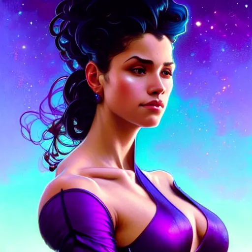 Image similar to Portrait of very very very very very very beautiful Latina woman, spacesuit, purple eyes, intricate, elegant, highly detailed, digital painting, artstation, concept art, smooth, sharp focus, illustration, art by artgerm and greg rutkowski and alphonse mucha