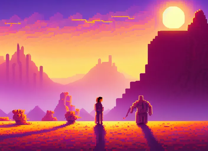 Image similar to detailed pixel art, science fiction pc game point - and - click adventure, daedalic entertainment, desert with city in the skyline, two suns, purple orange colors, sharp focus, illustration, highly detailed, digital painting, concept art, matte, art by wlop and artgerm and greg rutkowski, masterpiece