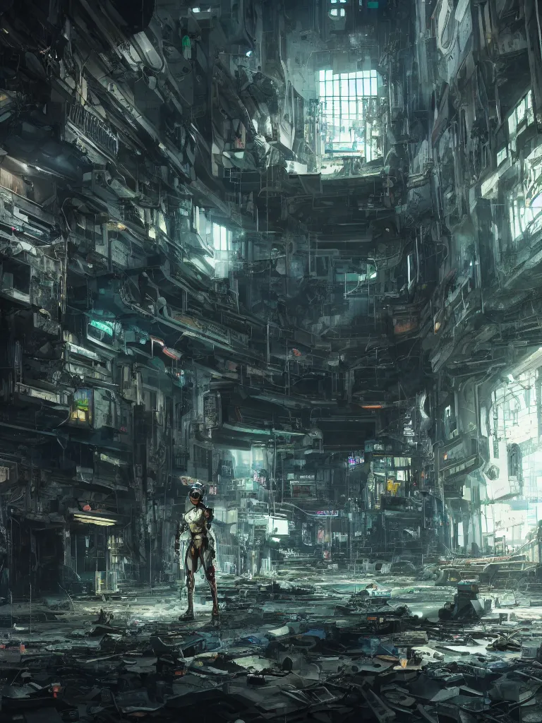 Image similar to portrait of a cyborg, standing in a hall of abandoned cyberpunk megacomplex; hyperrealistic, 4K wallpaper, cinematic lighting, highly detailed and beautiful