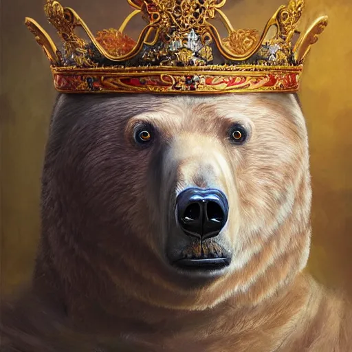 Prompt: “ an oil painting portrait of a bear wearing medieval royal robe and an ornate crown on a dark background ” digital art, concept art, highly detailed, 3 - d 4 k, trending on art station, award winning, mark brooks,