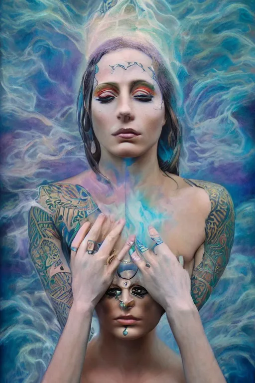 Prompt: transcendental meditation robed cult woman, tattoos, opening third eye, chakra energy waves resonating from her body, ethereal aura, epic surrealism 8k oil painting, portrait, perspective, high definition, post modernist layering, by Peter Kemp