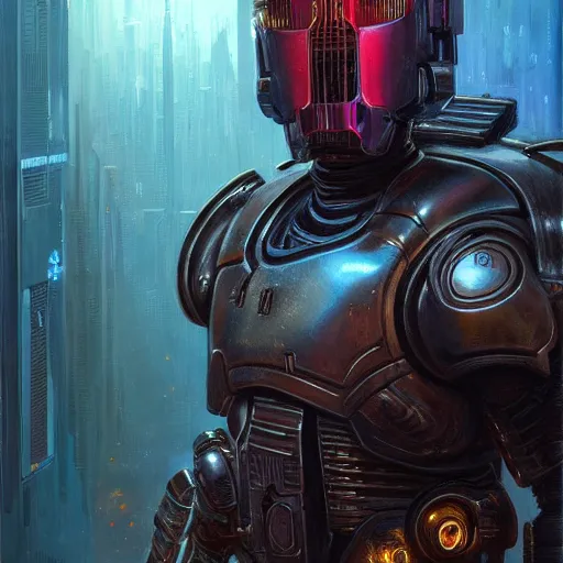 Image similar to the doomslayer as a realistic scifi cyberpunk knight, closeup portrait art by donato giancola and greg rutkowski, vintage retro scifi, realistic face, digital art, trending on artstation, symmetry!!!