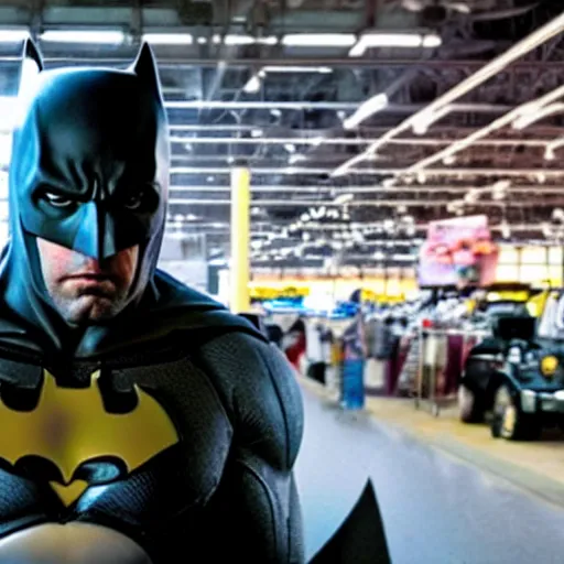 Prompt: A still of Ben Affleck's Batman at Walmart, 4k, photograph, ultra realistic, highly detailed, studio lighting