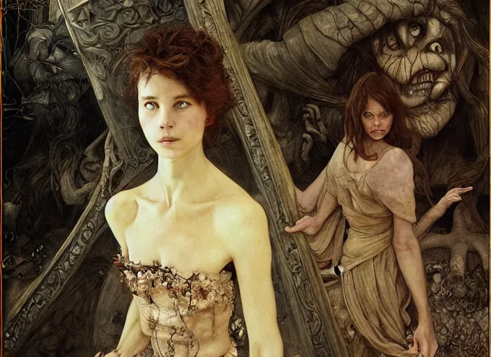 Image similar to jim henson's labyrinth. sarah, a girl in a ballgown, is trapped in a dark shadowed oubliette made of stone. by edgar maxence and caravaggio and michael whelan and delacroix style, artistic, intricate painting, cinematic lighting, hyper realistic, extremely detailed, vivid colors, establishing shot, dramatic lighting