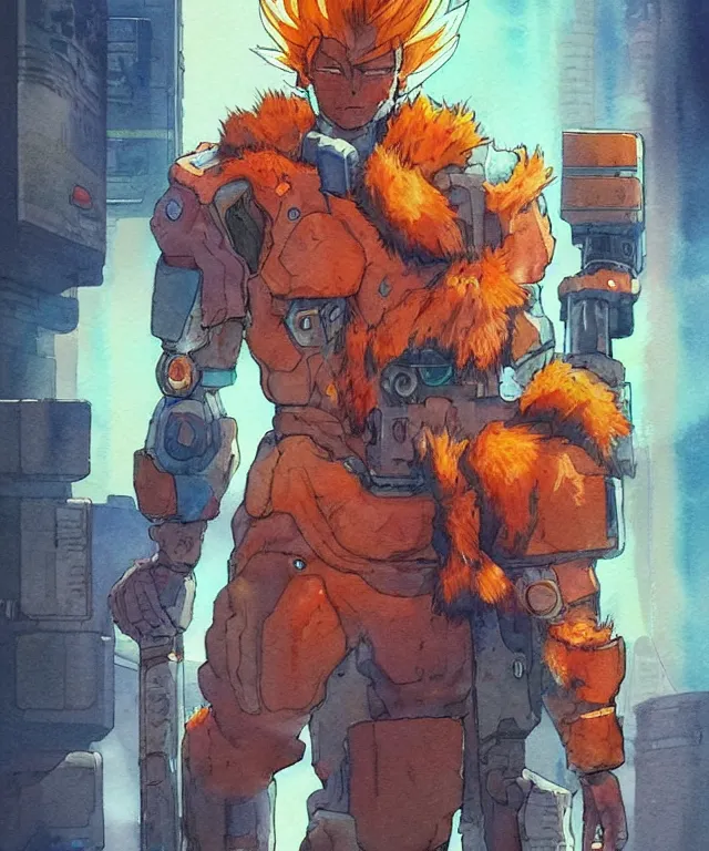 Prompt: a watercolor painting full body character portrait of a cyborg super saiyan warrior / soldier in the style of moebius in the style of cyberpunk trending on artstation deviantart pinterest detailed realistic hd 8 k high resolution