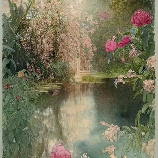 Image similar to a beautifull intricate watercolour painting of a mansion with many flowers, reflexions, verry high details by william turner art, greg rutkowski and alphonse mucha, trending on artstation, very very detailed, masterpiece, - h 7 0 4