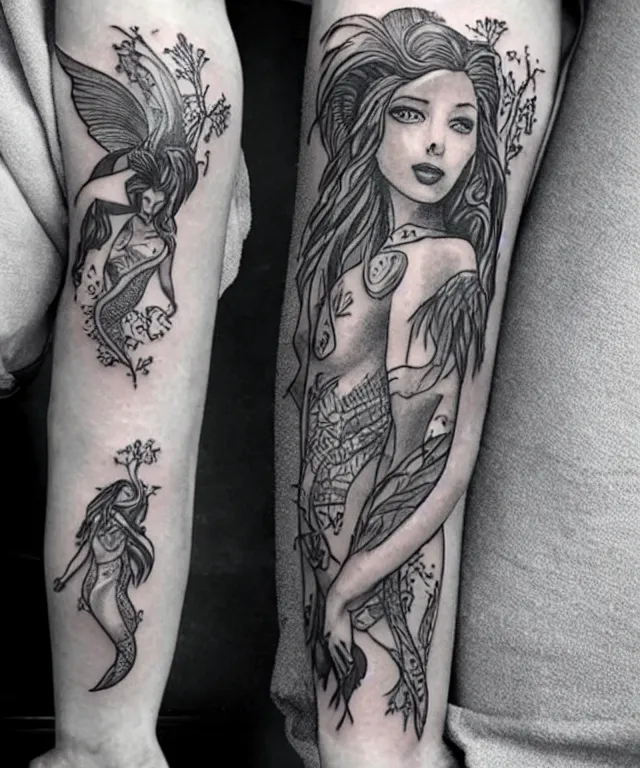 Image similar to black and white tattoo, beautiful mermaid, full body