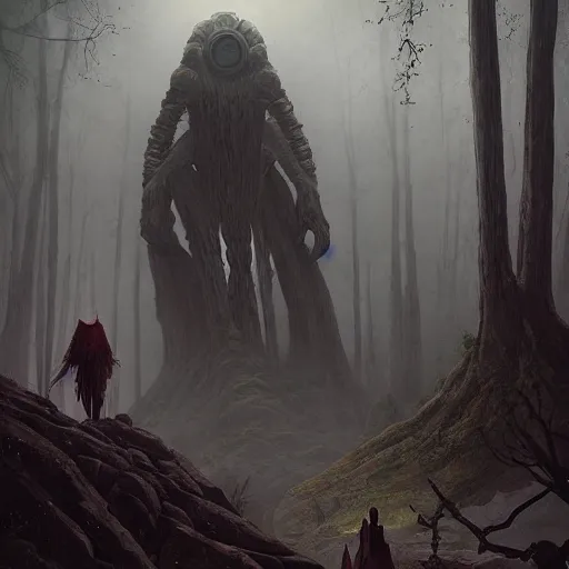 Image similar to stone humanoid colossus by grzegorz rutkowski and richard wright and peter mohrbacher and dan scott, atmospheric haze, stormy, forest, tiny woman in cloak in foreground silhouette, large scale