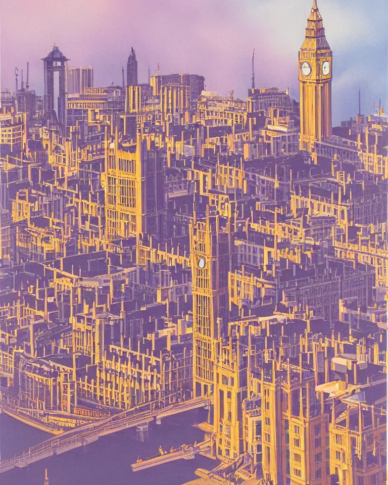 Image similar to city of london, london bridge, big ben, art by hiroshi nagai