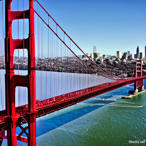 Image similar to San Francisco bridge with nyc skyline behind it, canon 8k, detailed, realistic, sunny