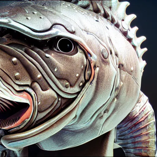 Image similar to a fish in a suit of armor, hyper realistic, highly detailed, unreal engine 6, coherent,