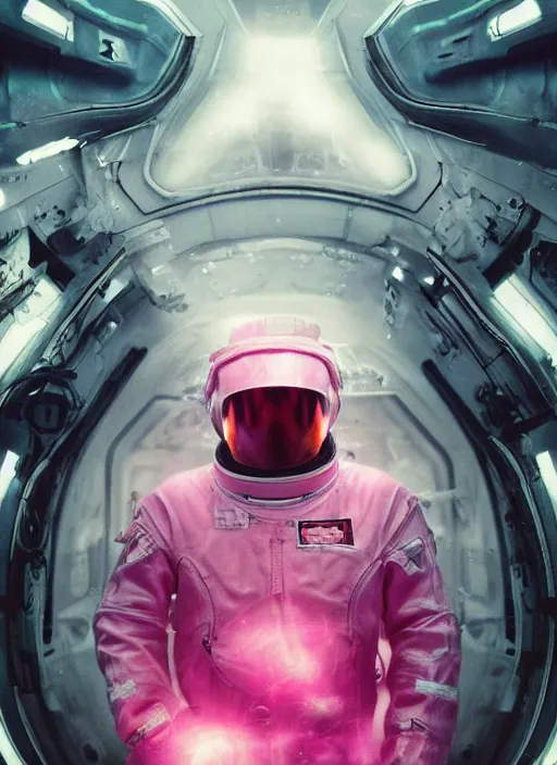 Prompt: complex poster art by craig mullins astronaut in futuristic pink and empty spaceship underwater. infrared glowing lights. complex and hyperdetailed technical suit. reflection and dispersion materials. rays and dispersion of light. volumetric light. 5 0 mm, f / 3 2. noise film photo. flash photography. unreal engine 4, octane render. interstellar movie poster